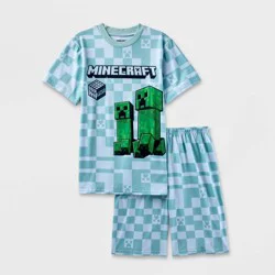 Boys' Minecraft 2pc Short Sleeve Top & Shorts Pajama Set - Blue/Gray M