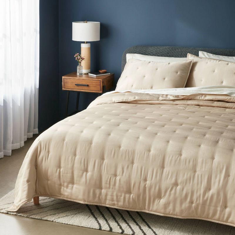 slide 2 of 5, 3pc King TENCEL™ Comforter and Sham Set Khaki - Threshold™: Satin Weave, 320 Thread Count, Cooling Bedding Set, 3 ct