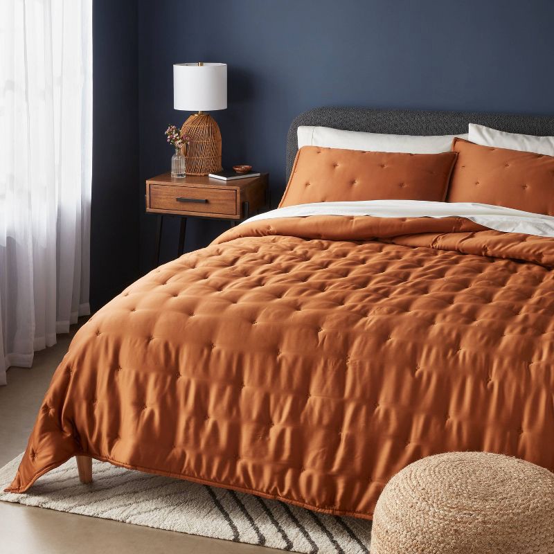 slide 1 of 5, 3pc King TENCEL™ Comforter and Sham Set Copper - Threshold™: Satin Weave, 320 Thread Count, Cooling Bedding Set, 3 ct