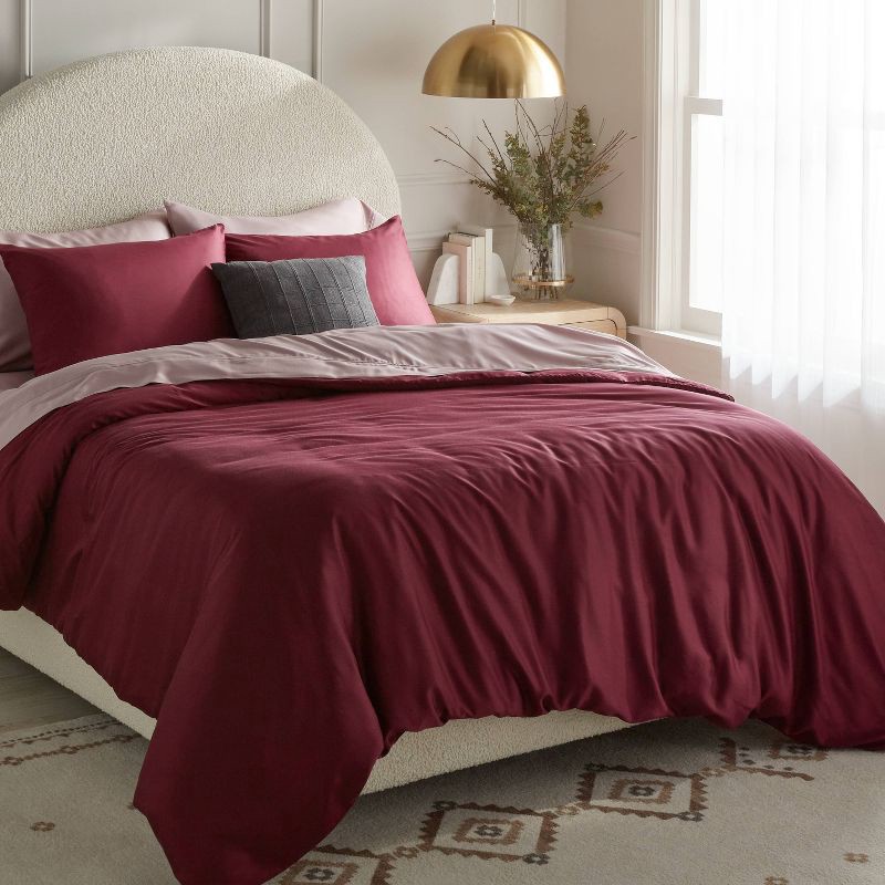 slide 1 of 6, Full/Queen TENCEL™ Duvet Cover and Sham Set Wine Red - Threshold™: Cooling Satin Lyocell, OEKO-TEX Certified, 1 ct