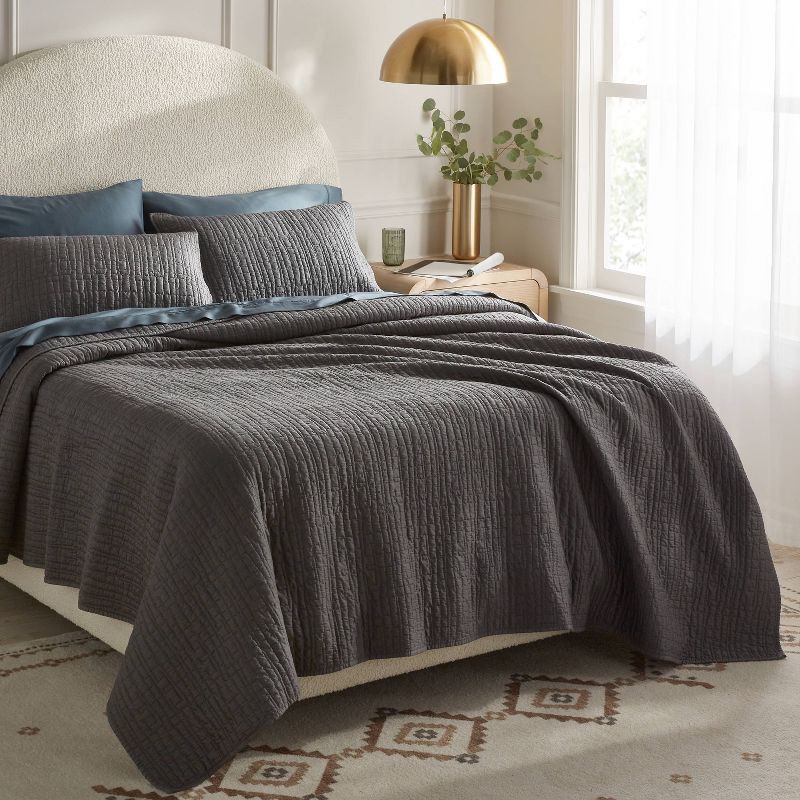 slide 2 of 3, Full/Queen TENCEL® Quilt Dark Gray - Threshold™: OEKO-TEX Certified, Lightweight Woven Coverlet, Cooling Comfort, 1 ct