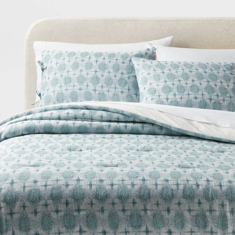 slide 5 of 5, 3pc Full/Queen Yarn Dye Ikat Comforter and Sham Set Ivory/Teal Blue/Light Teal Blue - Threshold™: Jacquard, Machine Washable, 3 ct