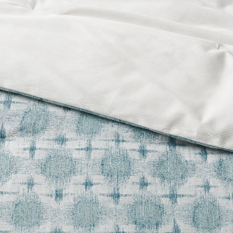 slide 3 of 5, 3pc Full/Queen Yarn Dye Ikat Comforter and Sham Set Ivory/Teal Blue/Light Teal Blue - Threshold™: Jacquard, Machine Washable, 3 ct