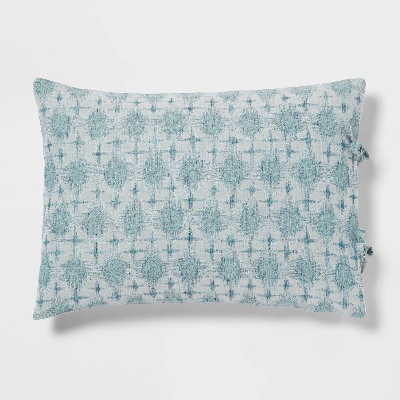 slide 4 of 5, 3pc Full/Queen Yarn Dye Ikat Comforter and Sham Set Ivory/Teal Blue/Light Teal Blue - Threshold™: Jacquard, Machine Washable, 3 ct