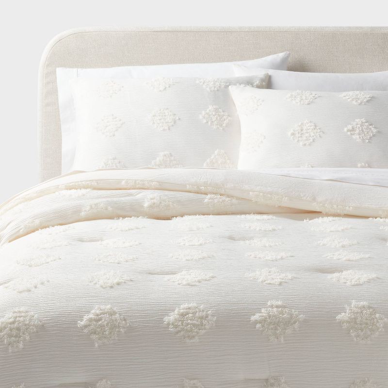 slide 2 of 5, King Tufted Diamond Crinkle Comforter and Sham Set Ivory - Threshold™: OEKO-TEX Certified, Jacquard Weave, Recycled Materials, 1 ct