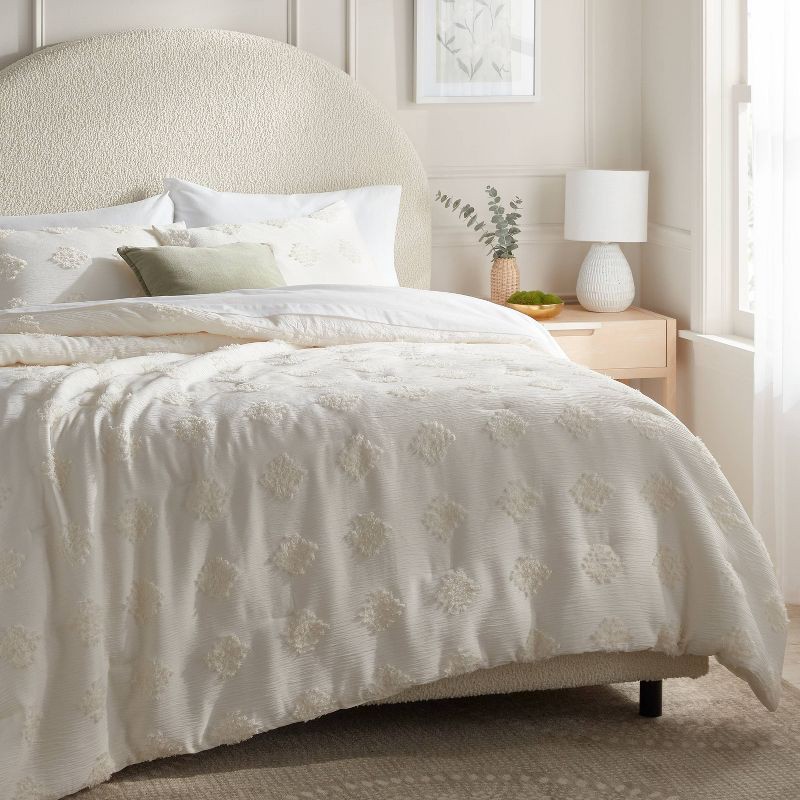 slide 1 of 5, Full/Queen Tufted Diamond Crinkle Comforter and Sham Set Ivory - Threshold™: Jacquard Weave, OEKO-TEX Certified, 1 ct