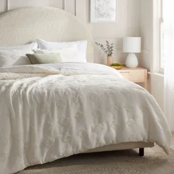 Full/Queen Tufted Diamond Crinkle Comforter and Sham Set Ivory - Threshold™: Jacquard Weave, OEKO-TEX Certified