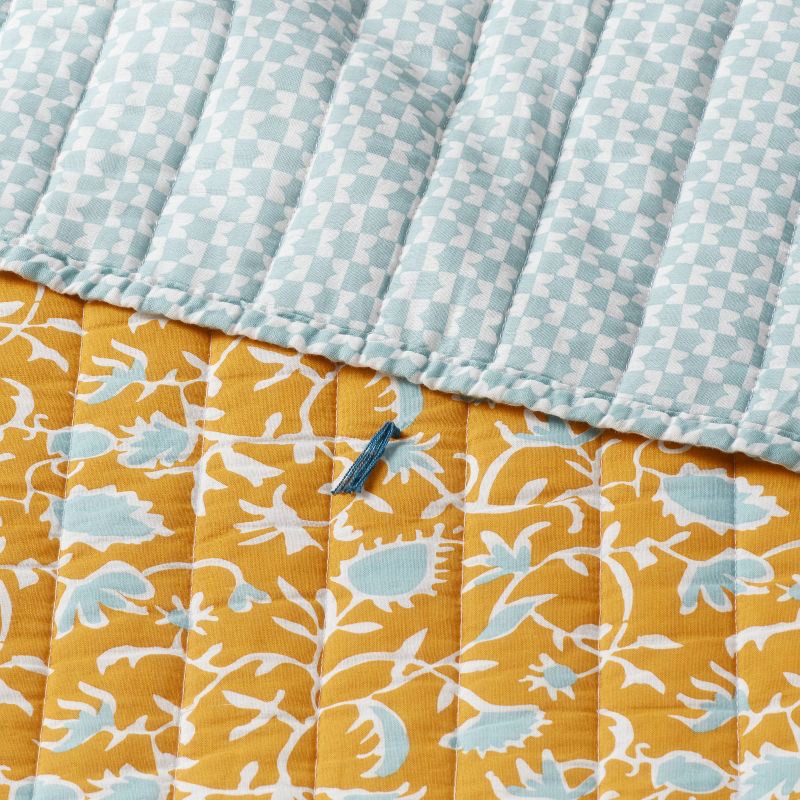 slide 3 of 3, King Earthy Vines Quilt Mustard Yellow/Teal Blue - Threshold™: Voile, Botanical Pattern, Machine Washable, 1 ct