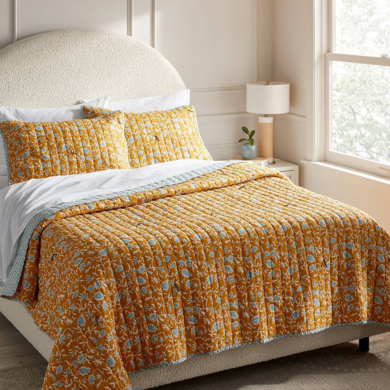 slide 2 of 3, Full/Queen Earthy Vines Quilt Mustard Yellow/Teal Blue - Threshold™: Voile, Botanical Pattern, Machine Washable, 1 ct