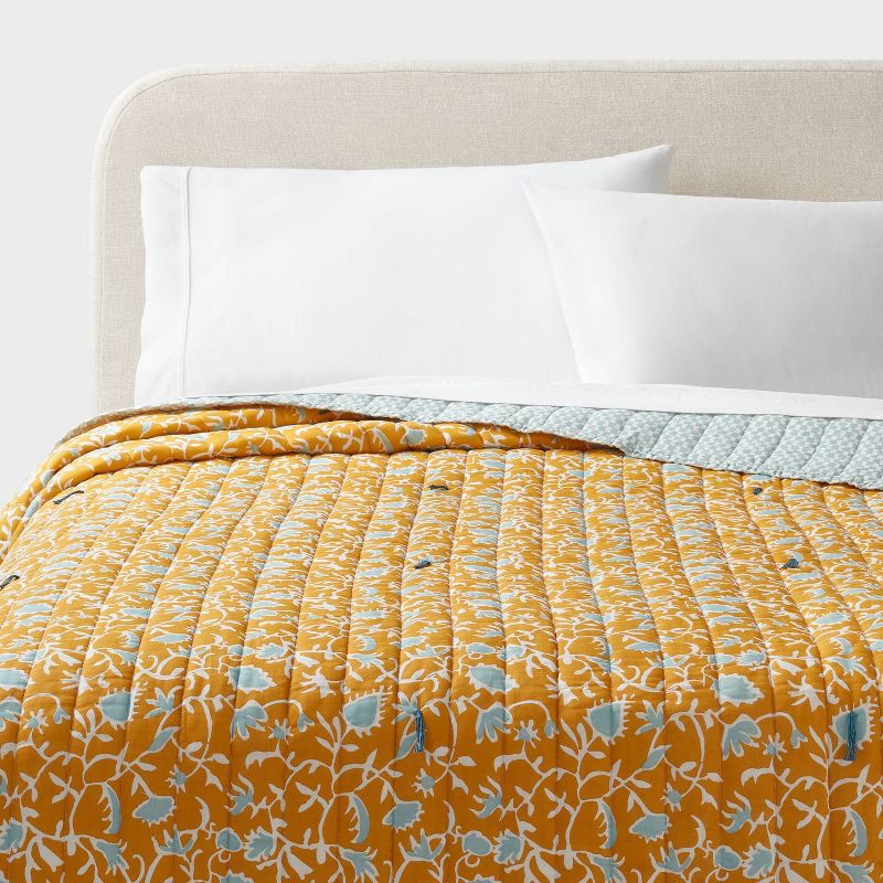 slide 1 of 3, Full/Queen Earthy Vines Quilt Mustard Yellow/Teal Blue - Threshold™: Voile, Botanical Pattern, Machine Washable, 1 ct