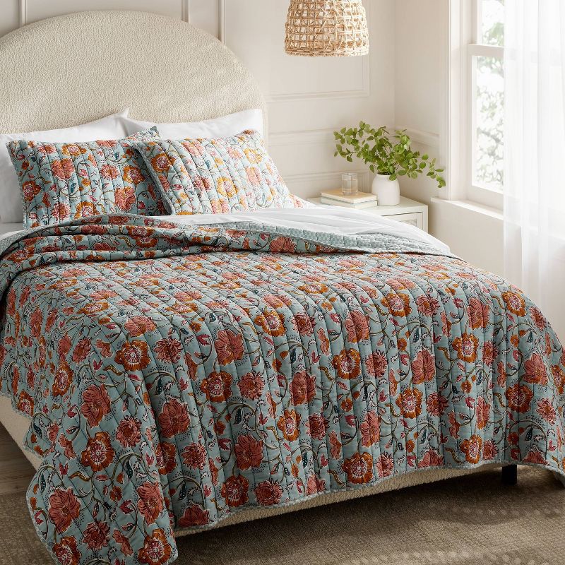 slide 2 of 3, Full/Queen Earthy Vines Quilt Light Teal Blue/Mustard Yellow/Light Pink Floral - Threshold™: Cotton Voile, Machine Washable, OEKO-TEX Certified, 1 ct