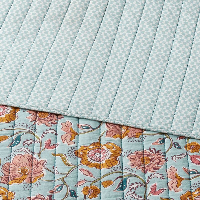 slide 3 of 3, Full/Queen Earthy Vines Quilt Light Teal Blue/Mustard Yellow/Light Pink Floral - Threshold™: Cotton Voile, Machine Washable, OEKO-TEX Certified, 1 ct