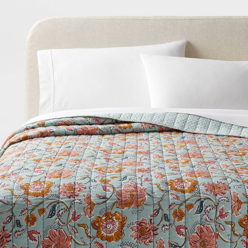 slide 1 of 3, Full/Queen Earthy Vines Quilt Light Teal Blue/Mustard Yellow/Light Pink Floral - Threshold™: Cotton Voile, Machine Washable, OEKO-TEX Certified, 1 ct