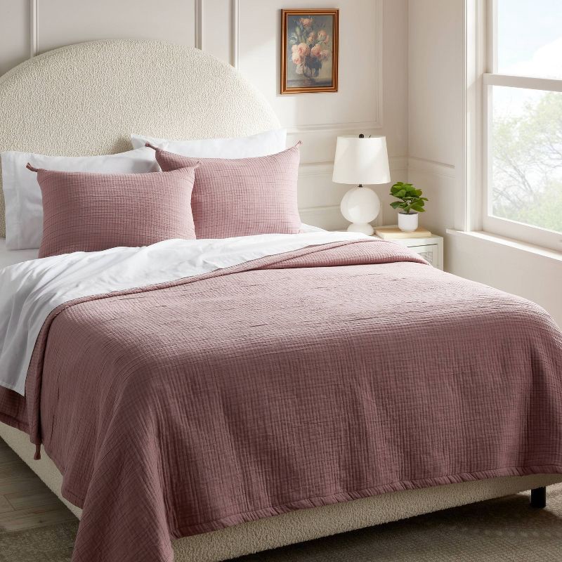 slide 2 of 3, Full/Queen Double Cloth Quilt Mauve - Threshold™: Woven Jacquard Coverlet, Midweight, OEKO-TEX Certified, 1 ct