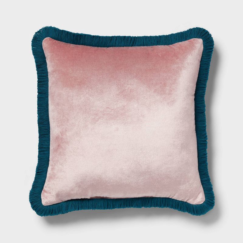 slide 1 of 4, Velvet Contrast Fringe Dec Pillow Square Mauve/Teal Blue - Threshold™: Indoor Viscose/Cotton Blend, Polyester Fill, 1 ct