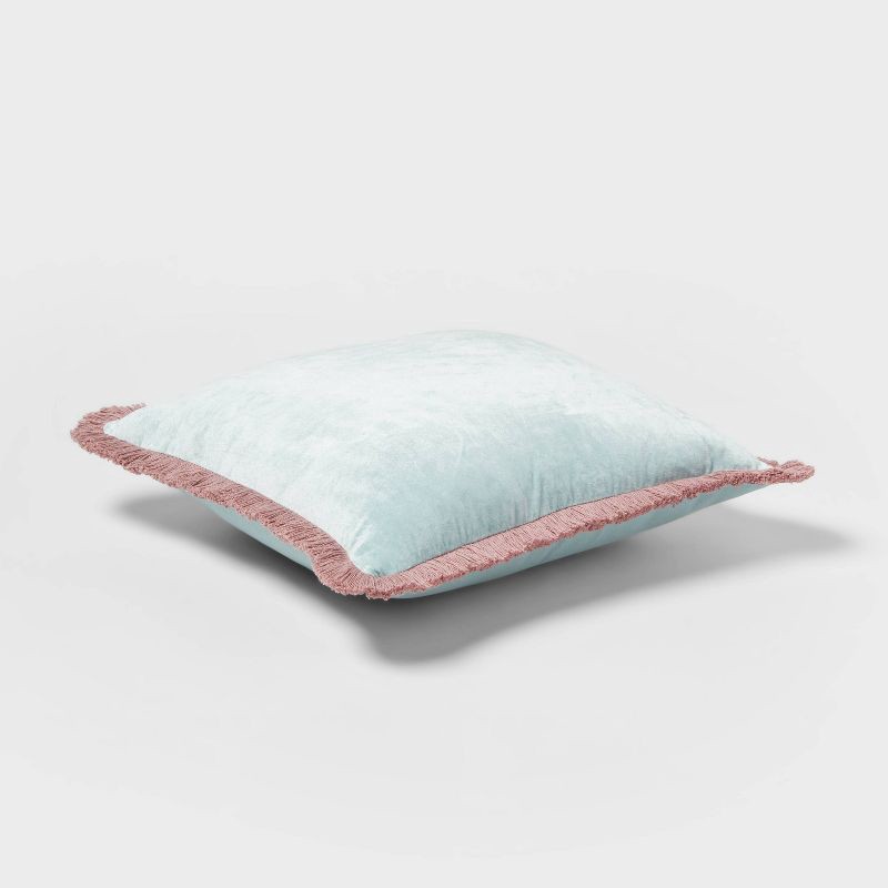 slide 3 of 4, Velvet Contrast Fringe Dec Pillow Square Light Teal Blue/Pink - Threshold™, 1 ct