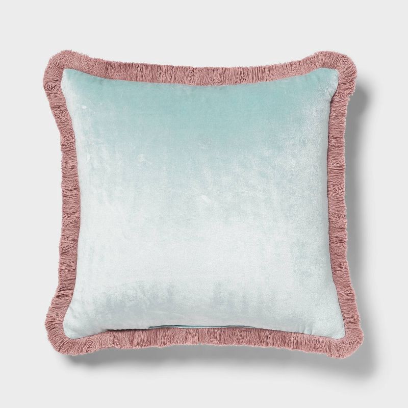 slide 1 of 4, Velvet Contrast Fringe Dec Pillow Square Light Teal Blue/Pink - Threshold™, 1 ct