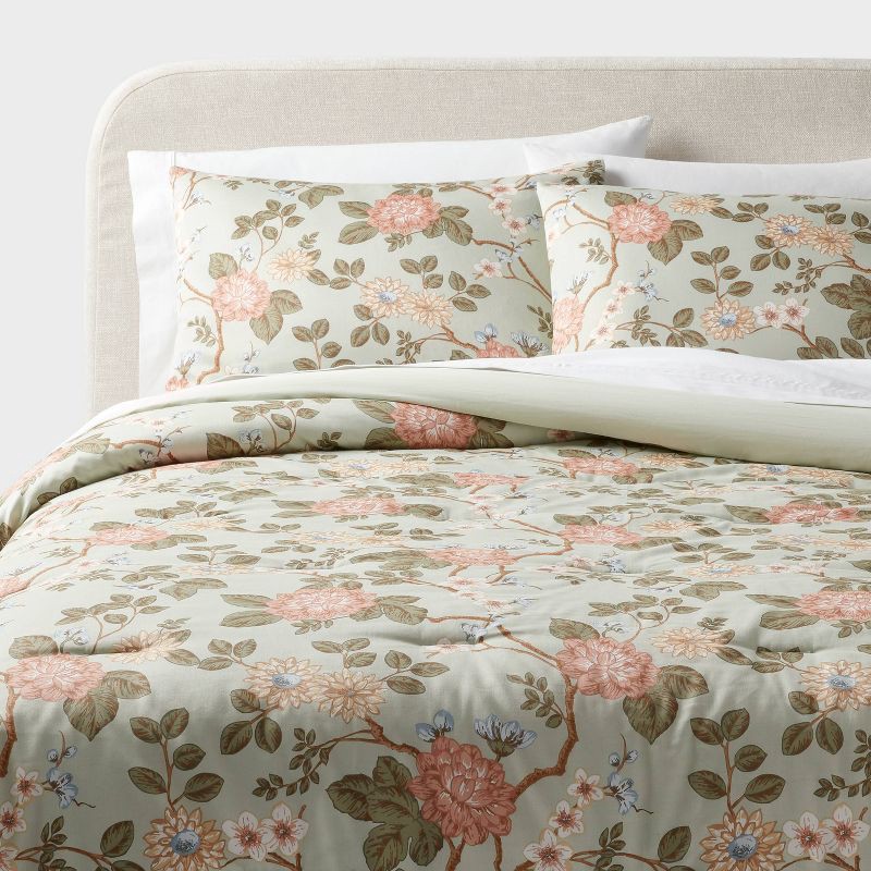 slide 2 of 5, King Floral Print Comforter and Sham Set Light Sage Green/Light Pink/White - Threshold™: Cotton Sateen, OEKO-TEX Certified, 310 Thread Count, 1 ct