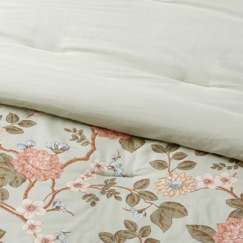 slide 3 of 5, King Floral Print Comforter and Sham Set Light Sage Green/Light Pink/White - Threshold™: Cotton Sateen, OEKO-TEX Certified, 310 Thread Count, 1 ct