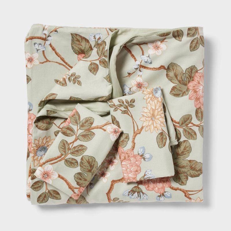 slide 3 of 6, King Floral Print Duvet and Sham Set Light Sage Green/Light Pink/White - Threshold™: Cotton Sateen, OEKO-TEX Certified, Zippered Closure, 1 ct