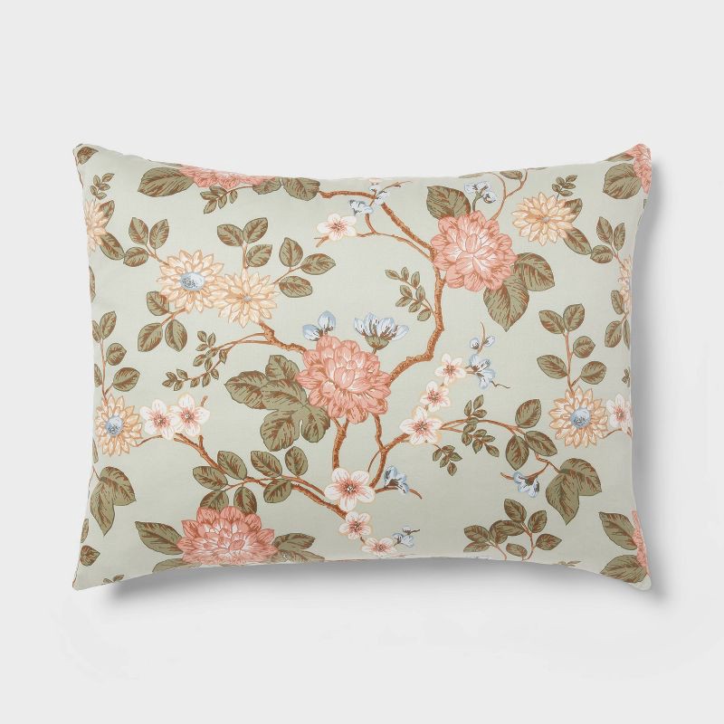 slide 4 of 6, King Floral Print Duvet and Sham Set Light Sage Green/Light Pink/White - Threshold™: Cotton Sateen, OEKO-TEX Certified, Zippered Closure, 1 ct