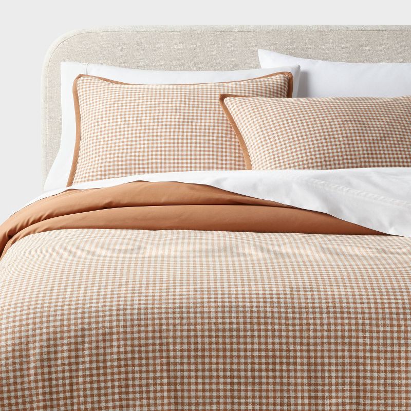 slide 2 of 6, Full/Queen Mini Gingham Duvet and Sham Set Camel - Threshold™: Machine Washable, Midweight Fabric, 1 ct