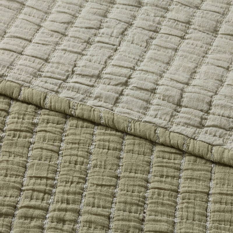 slide 3 of 3, Full/Queen Yarn Dye Crinkle Grid Quilt Moss Green - Threshold™: Weave, Machine Washable, OEKO-TEX Certified, 1 ct