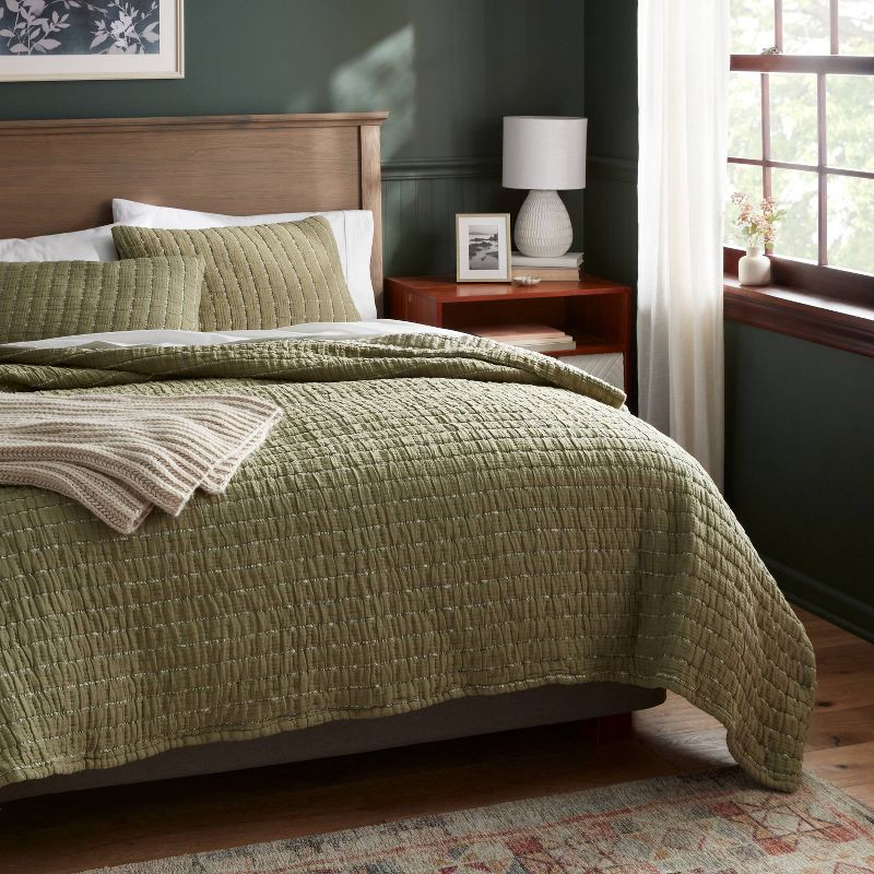 slide 2 of 3, King Yarn Dye Crinkle Grid Quilt Moss Green - Threshold™: Percale, Midweight, Machine Washable, OEKO-TEX Certified, 1 ct