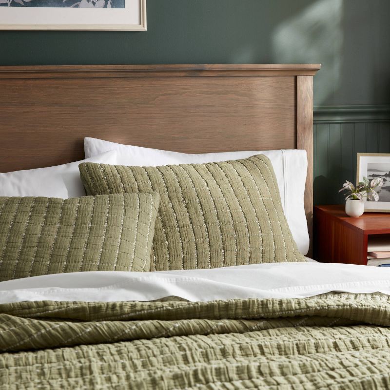 slide 2 of 3, Standard Yarn Dye Crinkle Grid Quilt Sham Moss Green - Threshold™: Cotton Material, OEKO-TEX Certified, 200 Thread Count, 1 ct