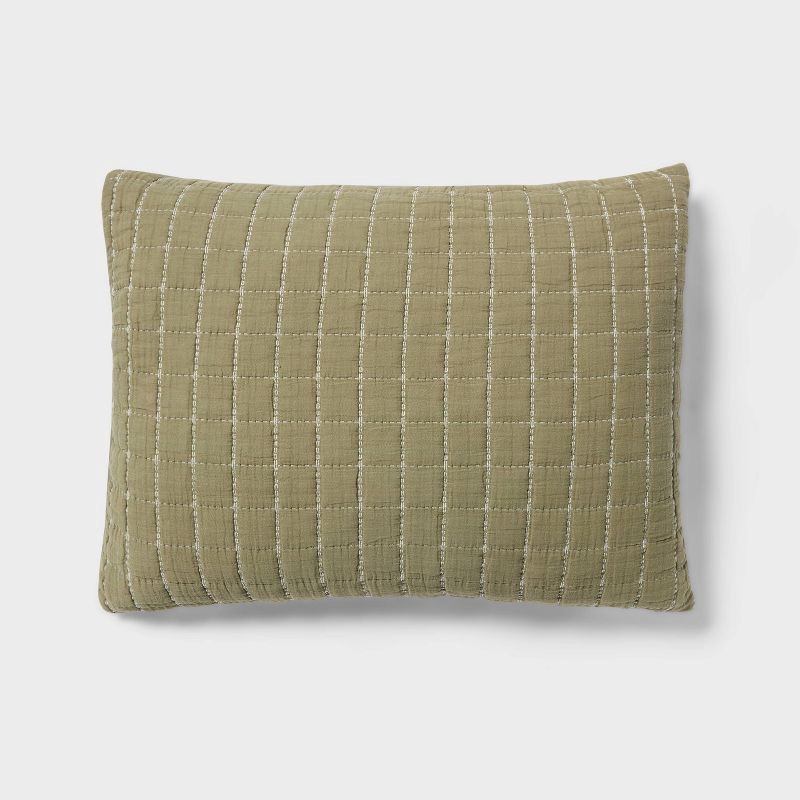 slide 1 of 3, Standard Yarn Dye Crinkle Grid Quilt Sham Moss Green - Threshold™: Cotton Material, OEKO-TEX Certified, 200 Thread Count, 1 ct