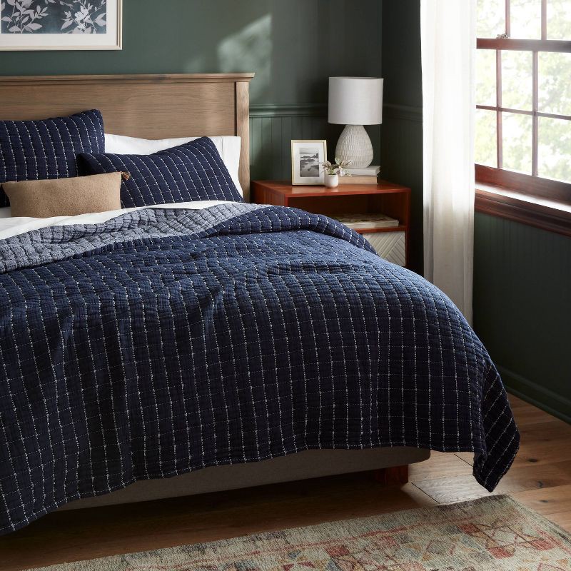 slide 2 of 3, King Yarn Dye Crinkle Grid Quilt Navy Blue/Ivory - Threshold™: Percale, Machine Washable, OEKO-TEX Certified, 1 ct