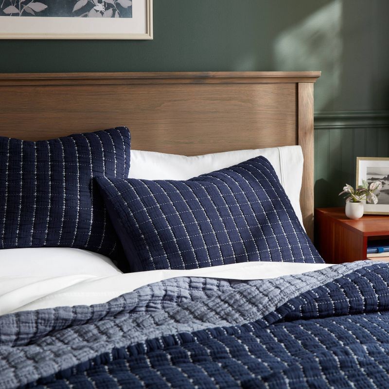slide 2 of 3, Standard Yarn Dye Crinkle Grid Quilt Sham Navy Blue/Ivory - Threshold™: Cotton Weave, OEKO-TEX Certified, Machine Washable, 1 ct