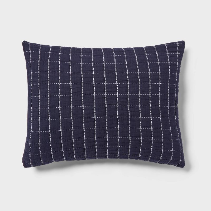 slide 1 of 3, Standard Yarn Dye Crinkle Grid Quilt Sham Navy Blue/Ivory - Threshold™: Cotton Weave, OEKO-TEX Certified, Machine Washable, 1 ct