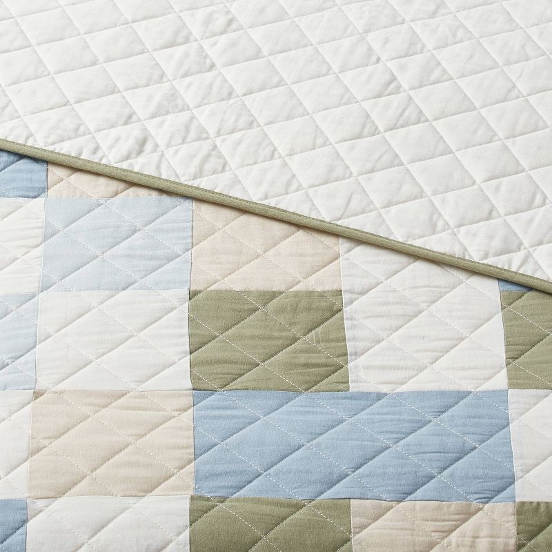 slide 3 of 3, Full/Queen Pieced Patchwork Quilt Blue/Ivory/Green - Threshold™: Cotton Fabric, Channel Quilting, OEKO-TEX Certified, 1 ct
