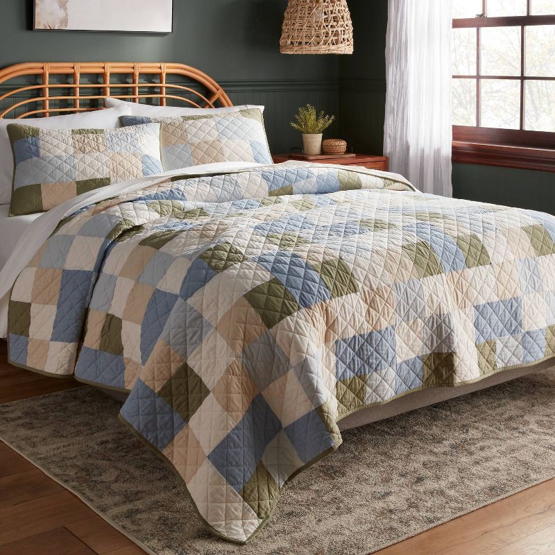 slide 2 of 3, King Pieced Patchwork Quilt Blue/Ivory/Green - Threshold™: OEKO-TEX Certified, Cotton Fill & Backing, Machine Washable, 1 ct