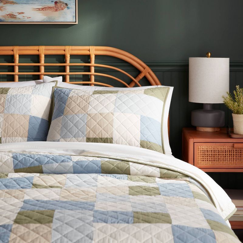 slide 2 of 3, Standard Pieced Patchwork Quilt Sham Blue - Threshold™: Cotton Material, Diamond Quilting, OEKO-TEX Certified, 1 ct