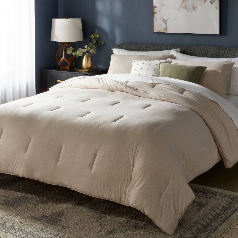 slide 2 of 5, Full/Queen Jersey Comforter and Sham Set Oatmeal Heather - Threshold™: Cotton Knit, Machine Washable, Zippered Shams, 1 ct