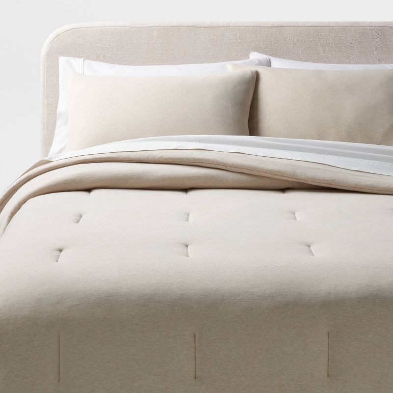 slide 1 of 5, Full/Queen Jersey Comforter and Sham Set Oatmeal Heather - Threshold™: Cotton Knit, Machine Washable, Zippered Shams, 1 ct