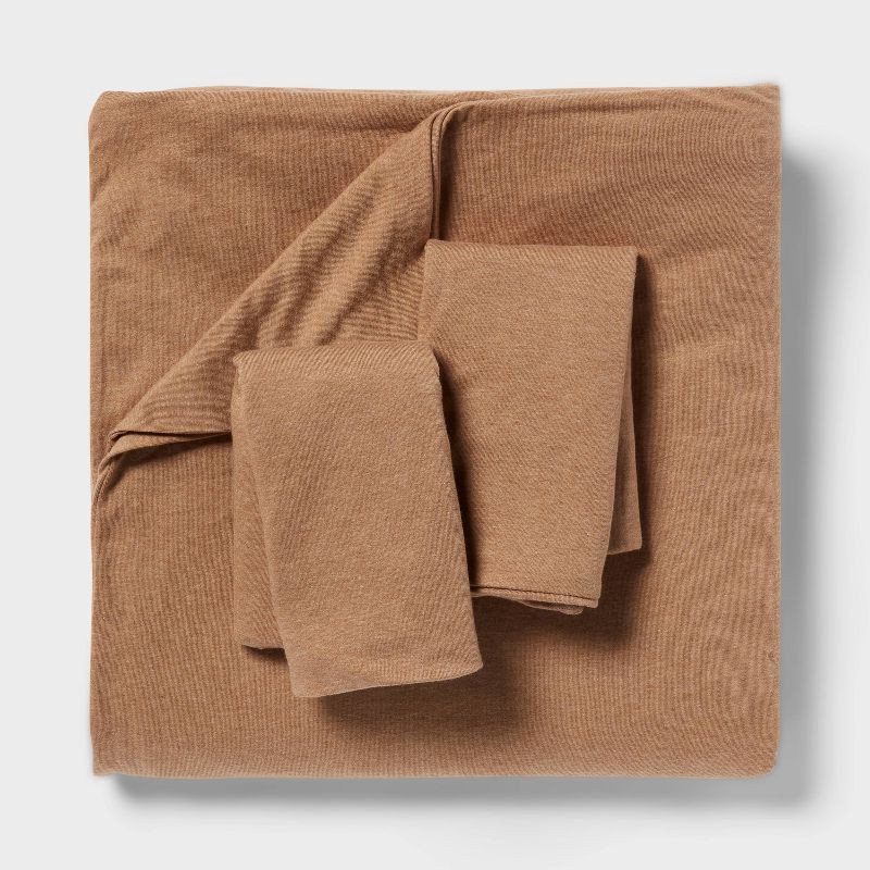 slide 3 of 6, Full/Queen Jersey Duvet and Sham Set Light Brown - Threshold™: Cotton Knitted Bedding, Zipper Closure, 1 ct