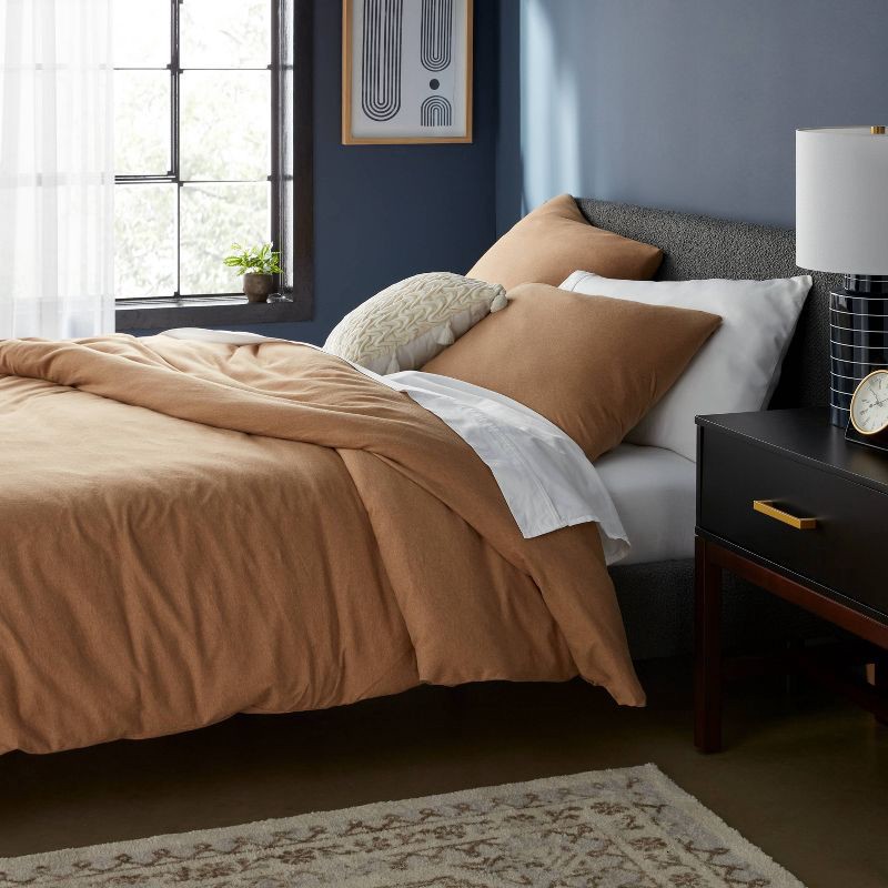 slide 1 of 6, Full/Queen Jersey Duvet and Sham Set Light Brown - Threshold™: Cotton Knitted Bedding, Zipper Closure, 1 ct