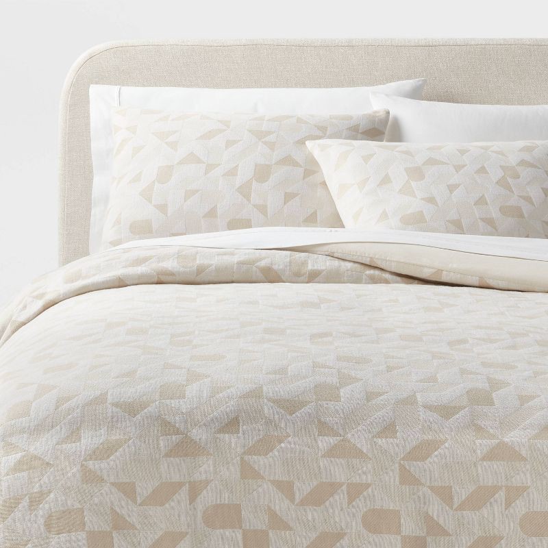 slide 1 of 6, Full/Queen Geo Matelasse Duvet Cover and Sham Set Khaki/Ivory - Threshold™: Woven Jacquard, Cotton Blend, OEKO-TEX Certified, 1 ct