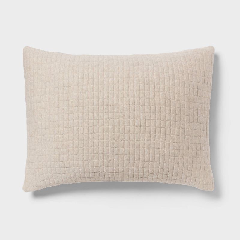 slide 3 of 3, Standard Jersey Quilt Sham Oatmeal - Threshold™: Cotton Knitted, Check Jacquard Design, Machine Washable, 1 ct