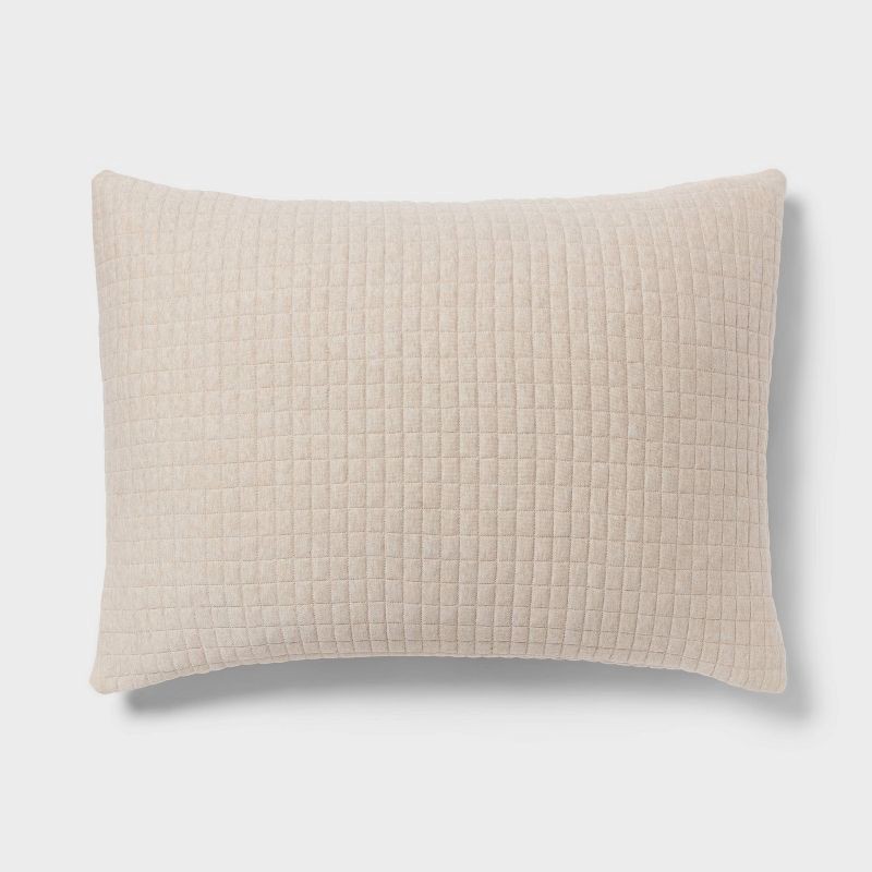 slide 1 of 3, Standard Jersey Quilt Sham Oatmeal - Threshold™: Cotton Knitted, Check Jacquard Design, Machine Washable, 1 ct