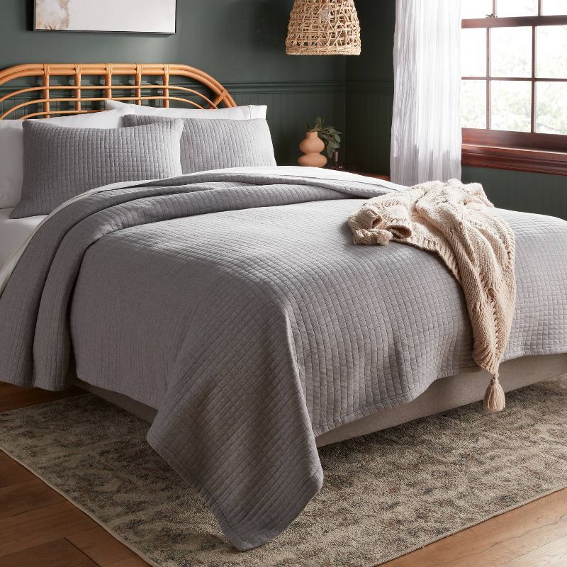 slide 2 of 3, King Jersey Quilt Heather Gray - Threshold™: Cotton Knitted Coverlet, Check Jacquard Pattern, Machine Washable, 1 ct