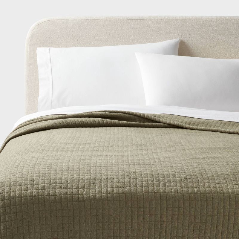 slide 1 of 3, Full/Queen Jersey Quilt Dark Olive Green Heather - Threshold™: Cotton Knitted Coverlet with Polyester Fill, 1 ct