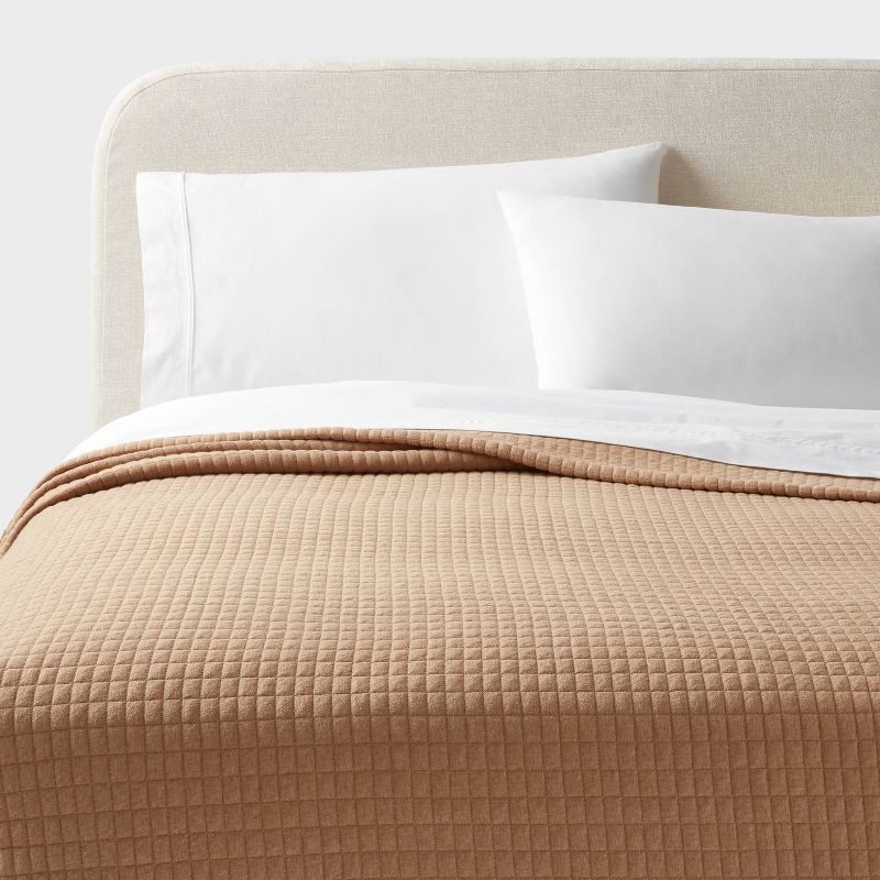 slide 1 of 3, Full/Queen Jersey Quilt Light Brown - Threshold™: Knitted Coverlet, OEKO-TEX Certified, 1 ct