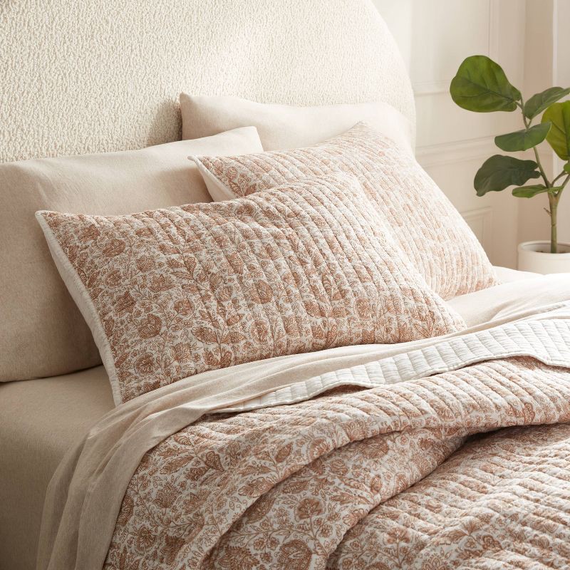 slide 2 of 3, Standard Printed Voile Tonal Floral Quilt Sham Ivory/Camel - Threshold™: OEKO-TEX Certified, Machine Washable, 1 ct