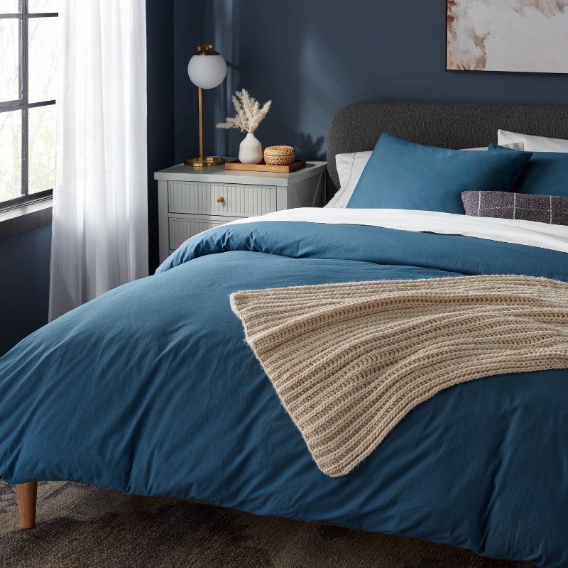 slide 2 of 6, King Washed Cotton Sateen Duvet Cover and Sham Set Indigo - Threshold™: 250 Thread Count, OEKO-TEX Certified, 1 ct
