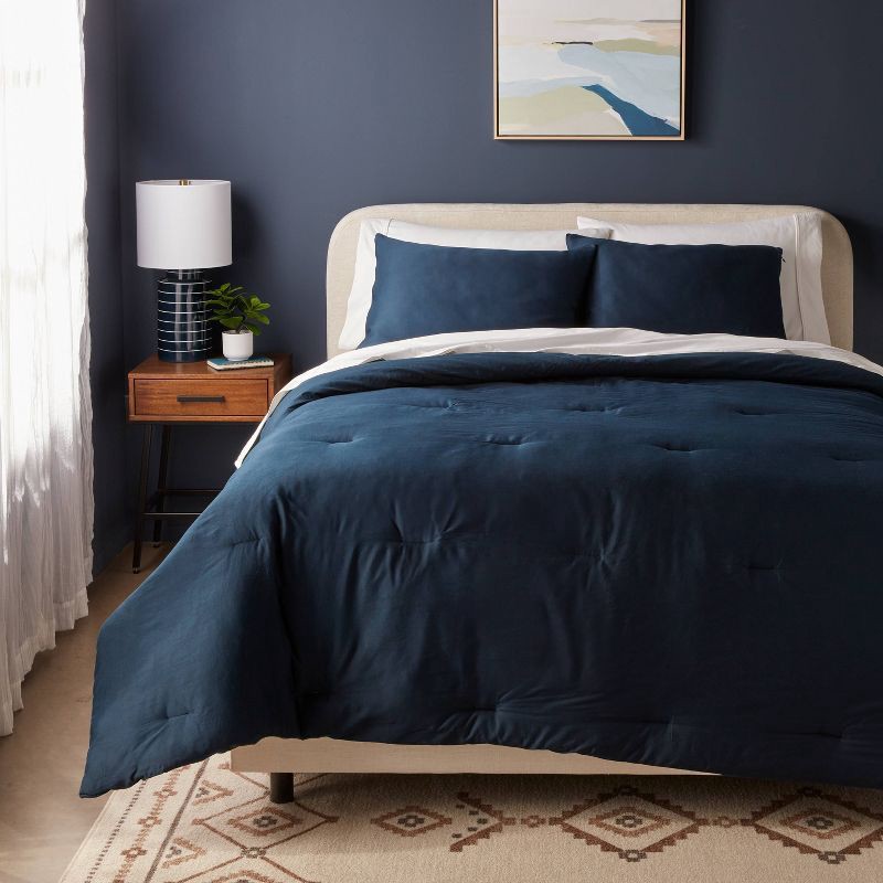slide 1 of 4, Full/Queen Washed Cotton Sateen Comforter and Sham Set Dark Navy - Threshold™: 250 Thread Count, OEKO-TEX Certified, 1 ct