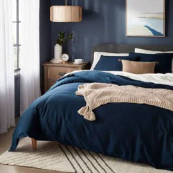 Full/Queen Washed Cotton Sateen Duvet Cover and Sham Set Dark Navy - Threshold™: 250 Thread Count, OEKO-TEX Certified